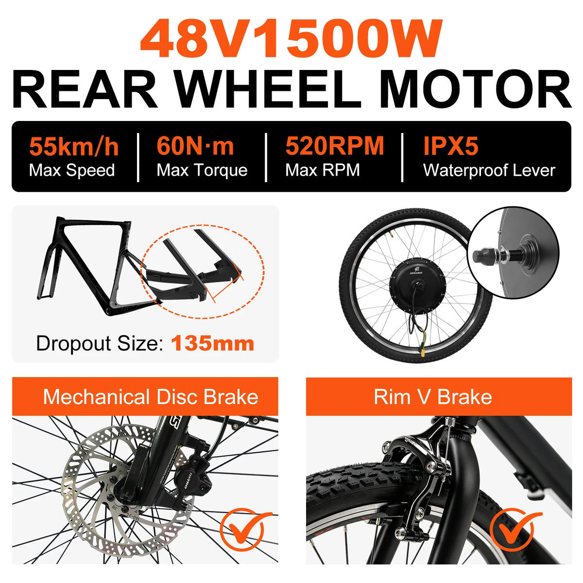 48V 1500W Rear Hub Motor E-Bike Conversion Kit with Tyre, Optional 48V 20Ah Battery, 26", 27.5" and 28"/29"/700C