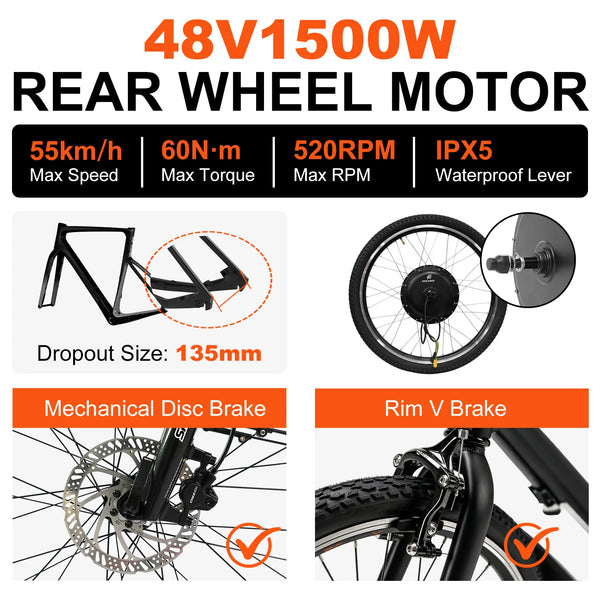 48V 1500W Rear Hub Motor E-Bike Conversion Kit with Tyre, Optional 48V 20Ah Battery, 26", 27.5" and 28"/29"/700C
