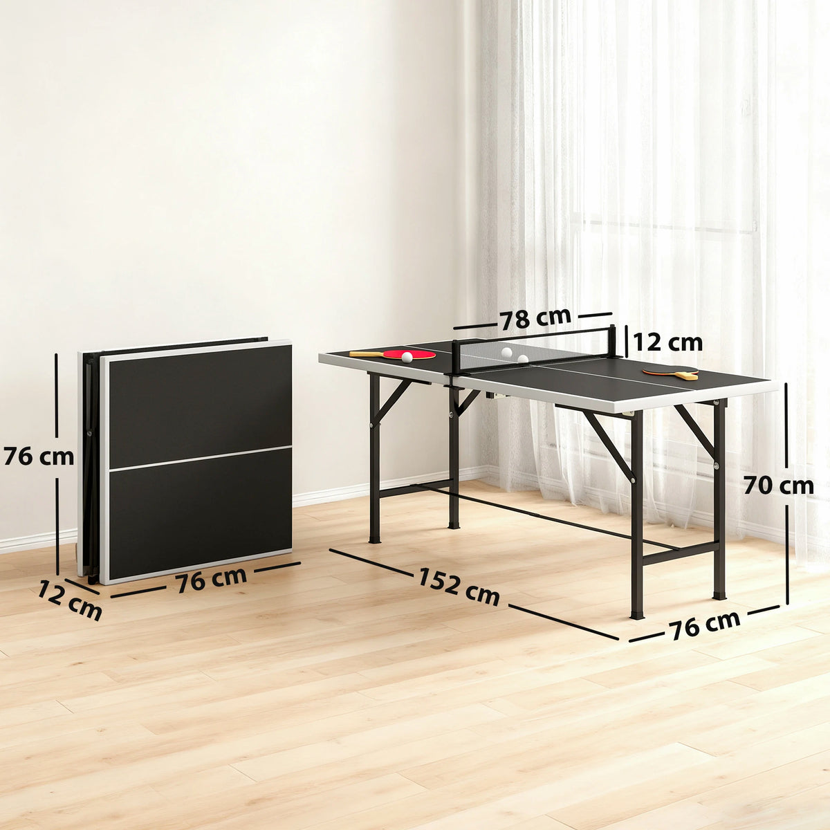 5ft Folding Mid-Size Table Tennis Table with Net, 2 Bats and 3 Balls