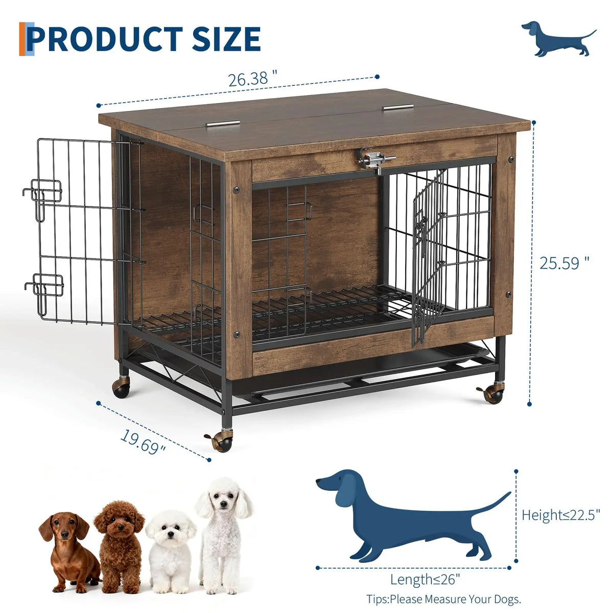 Small Wooden Dog Crate Furniture 26.4x19.7x25.6in 2 Doors Locking Wheels Heavy Duty Indoor Kennel