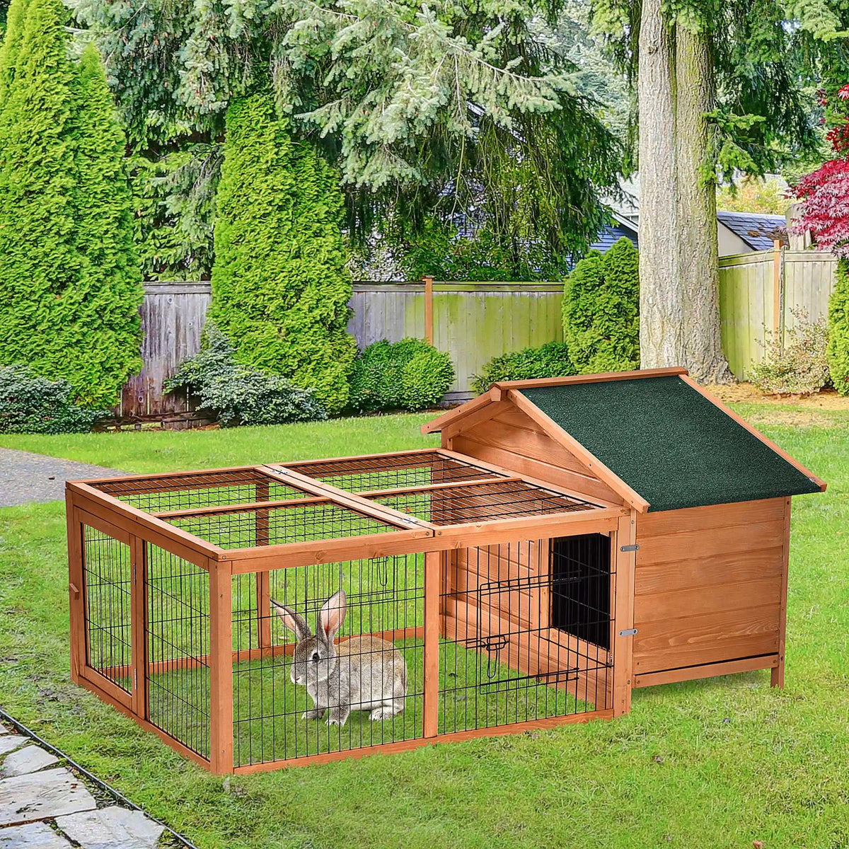Wooden Rabbit Hutch with Extra Large Run Detachable Design Openable Roofs and Pull Out Tray
