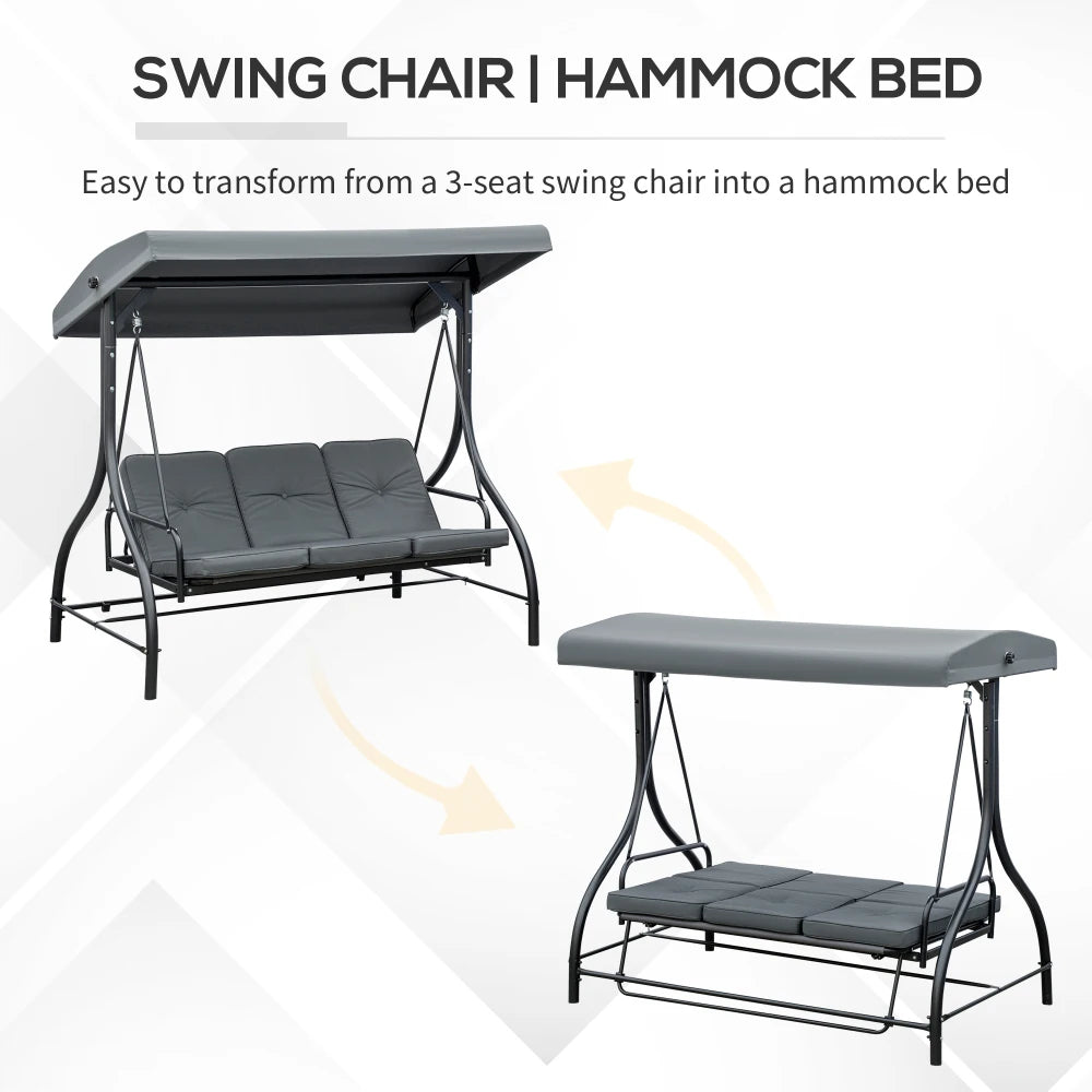 3 Seater Garden Swing Chair with Canopy 2 in 1 Swing Seat Bed Adjustable Outdoor