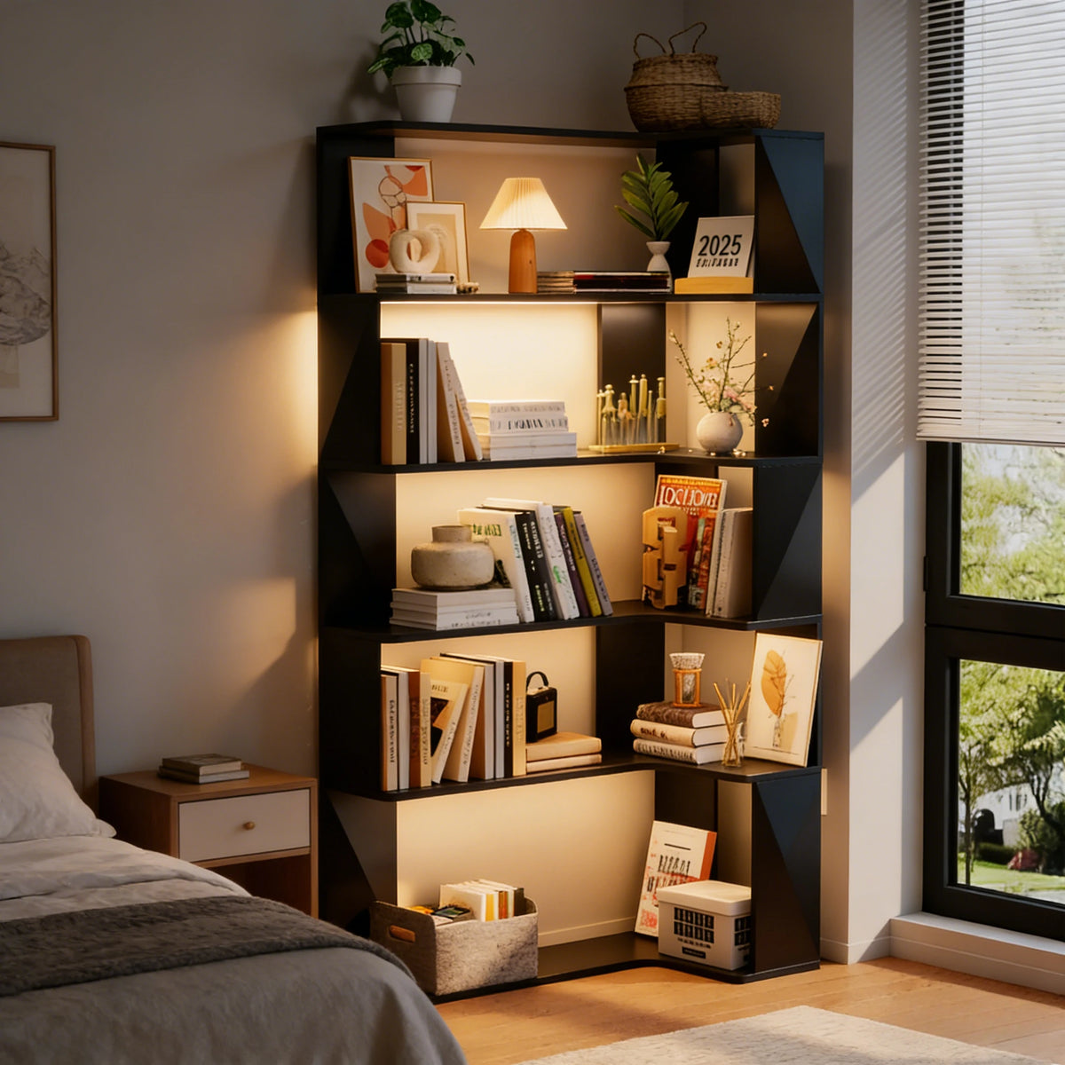 5-Tier Corner Bookshelf Triangular Wood Open Shelf | 169cm Freestanding Storage Unit for Living Room