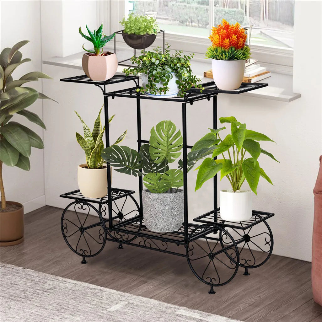 Metal Garden Cart Plant Stand 82x70.5cm Parisian Style 6 Tier Flower Display Rack for Indoor Outdoor Black