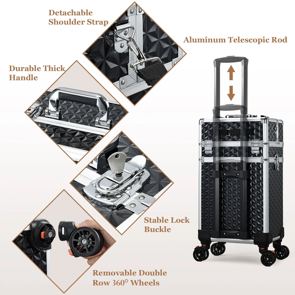 Cosmetology Case on Wheels with Large Trays and Drawers 36-55L PVC Rolling Salon Cart for Barbers and Manicure