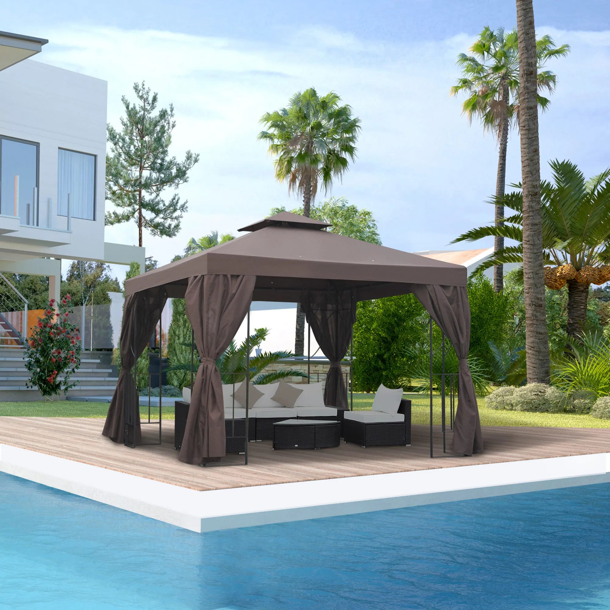 3 x 3m Metal Garden Gazebo Marquee with Double Roof, UV-Resistant Canopy and 4 Side Panels