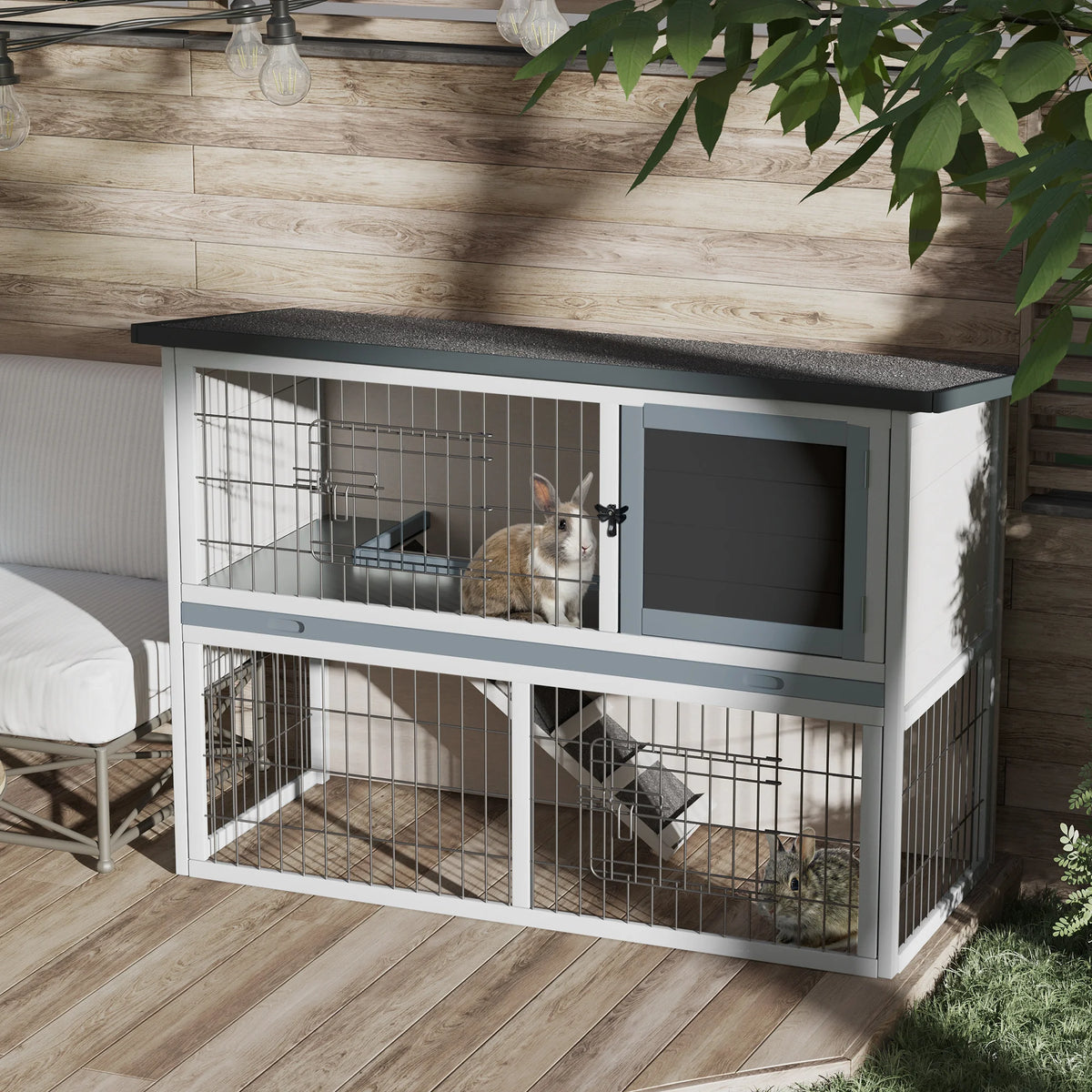 2 Tier Rabbit Hutch 108x45x78cm Fir Wood Guinea Pig Cage with Ramp Removable Tray and Openable Roof Grey