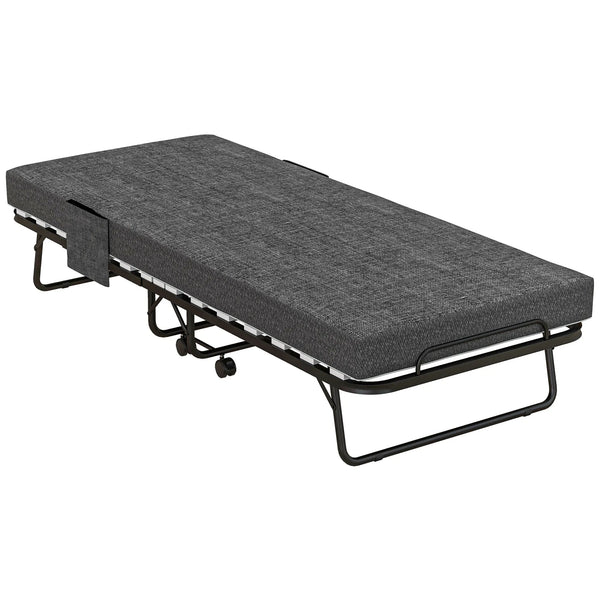Folding Guest Bed with 10 cm Mattress and Lockable Wheels, Single 190 x 80 cm, Dark Grey