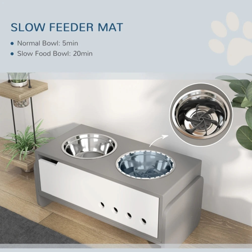 Height Adjustable Raised Dog Bowls 62.5x30x36.5cm Wooden Feeding Station Storage Slow Feeder Mat Grey
