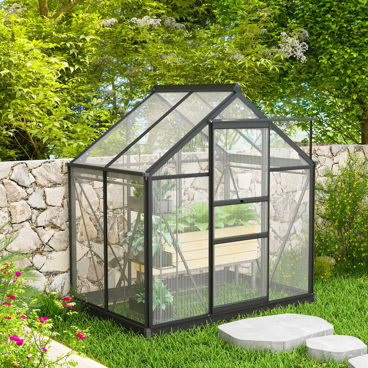 Polycarbonate Walk-in Greenhouse with Aluminium Frame and Sliding Door, 6 x 4ft