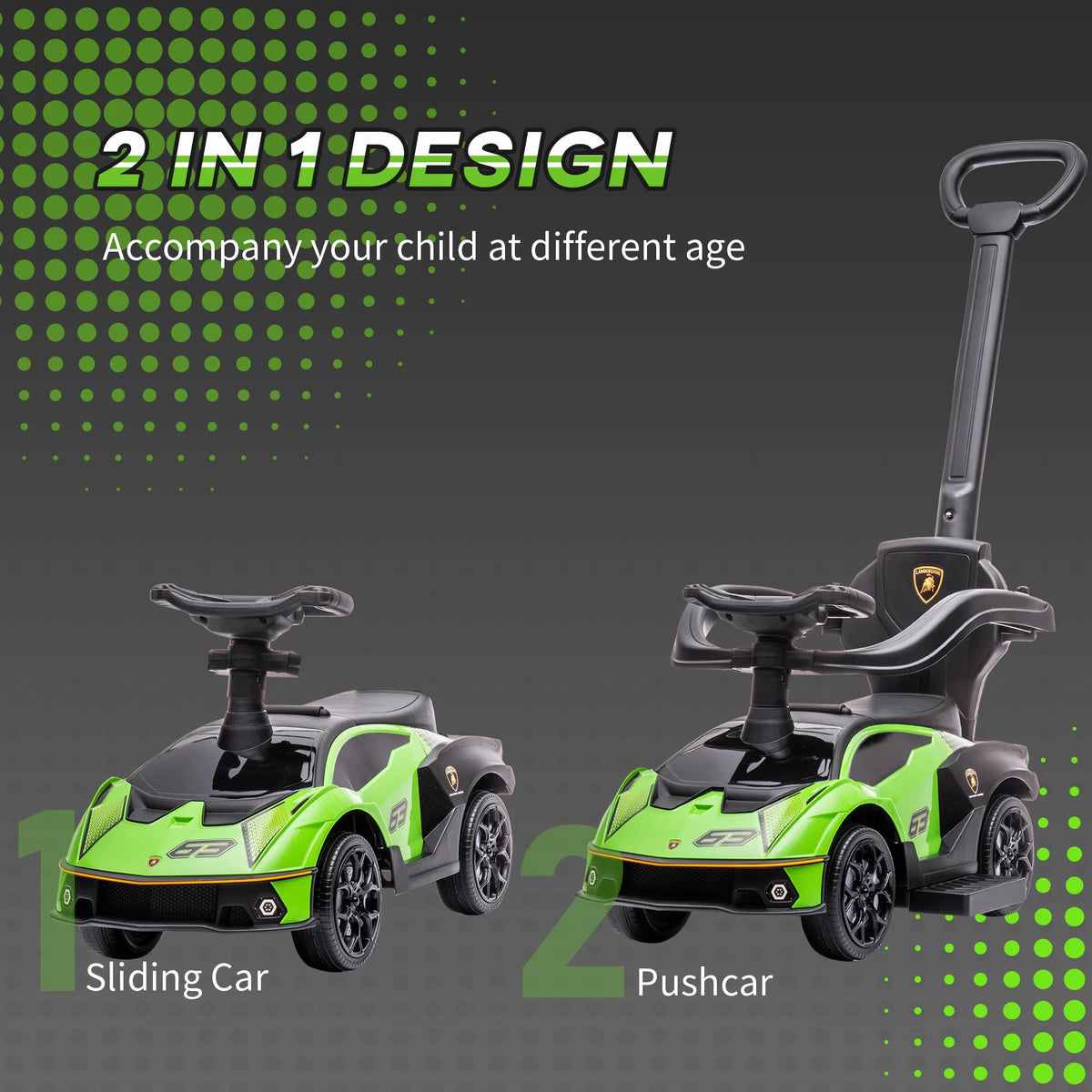 Lamborghini Licensed 2 in 1 Kids Ride On Push Car 86.5x40x89.5cm with Handle Guardrails and Storage