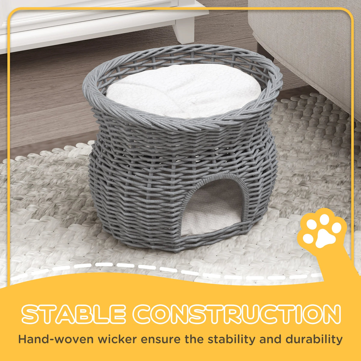 2 Tier Elevated Wicker Cat House with Cushion Willow Basket Condo Open Lounging Bed and Wide Entrance