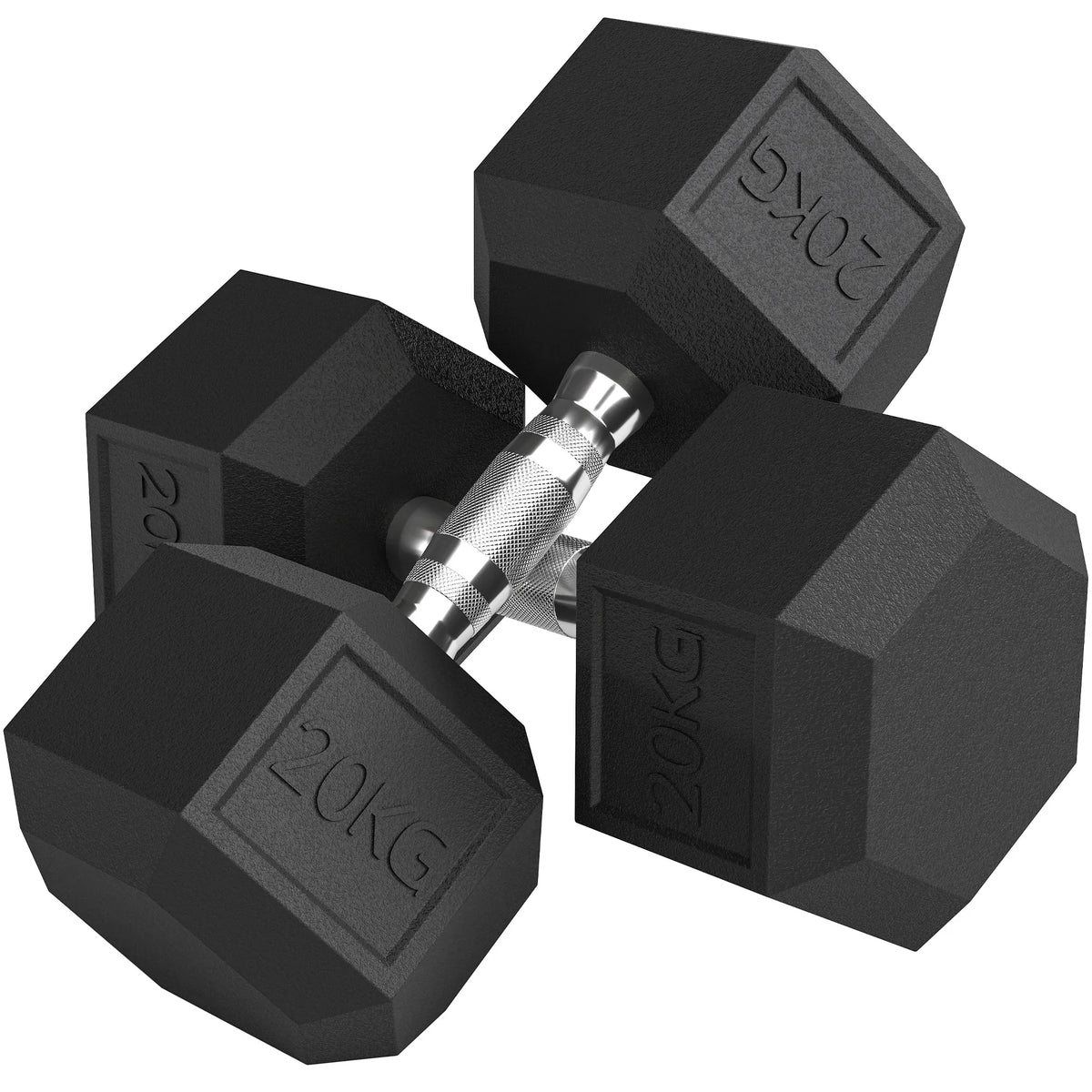 2 x 20kg Rubber Hex Dumbbells, Pair of Hand Weights with Knurled Grip, Black