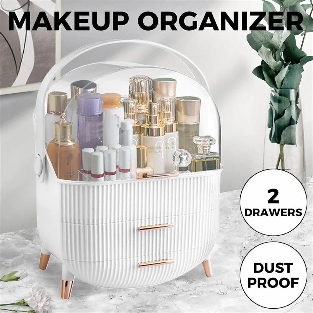 Large Makeup Organiser with 2 Drawers and Crystal Clear Dustproof Lid Jewellery and Skincare Storage Box