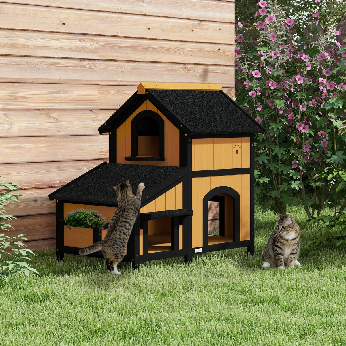 Wooden Outdoor Cat House with Flower Box, Windows and Multiple Entrances, Yellow