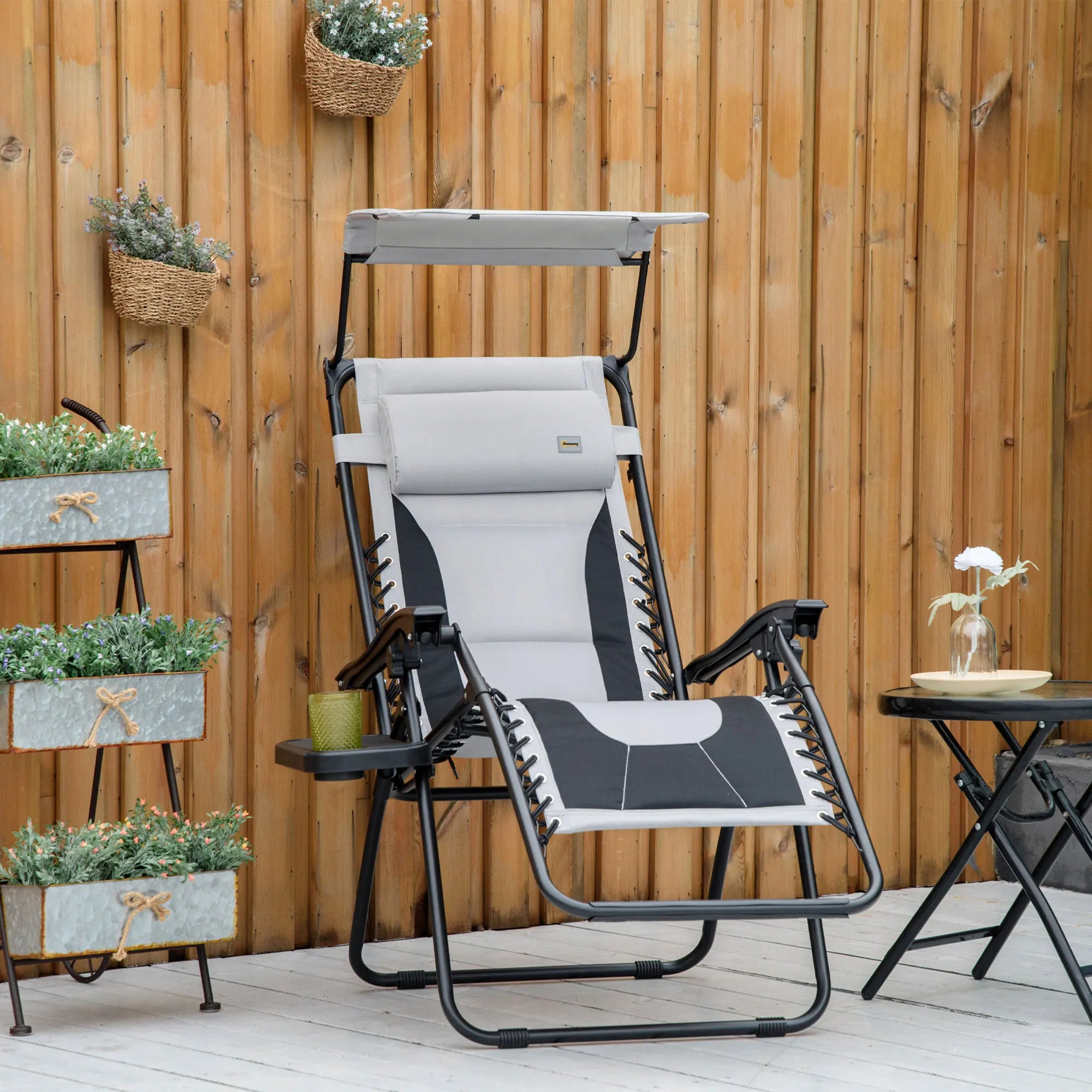 Zero Gravity Garden Lounger Chair Folding Recliner with Canopy Cup Holder Tray and Headrest Light Grey