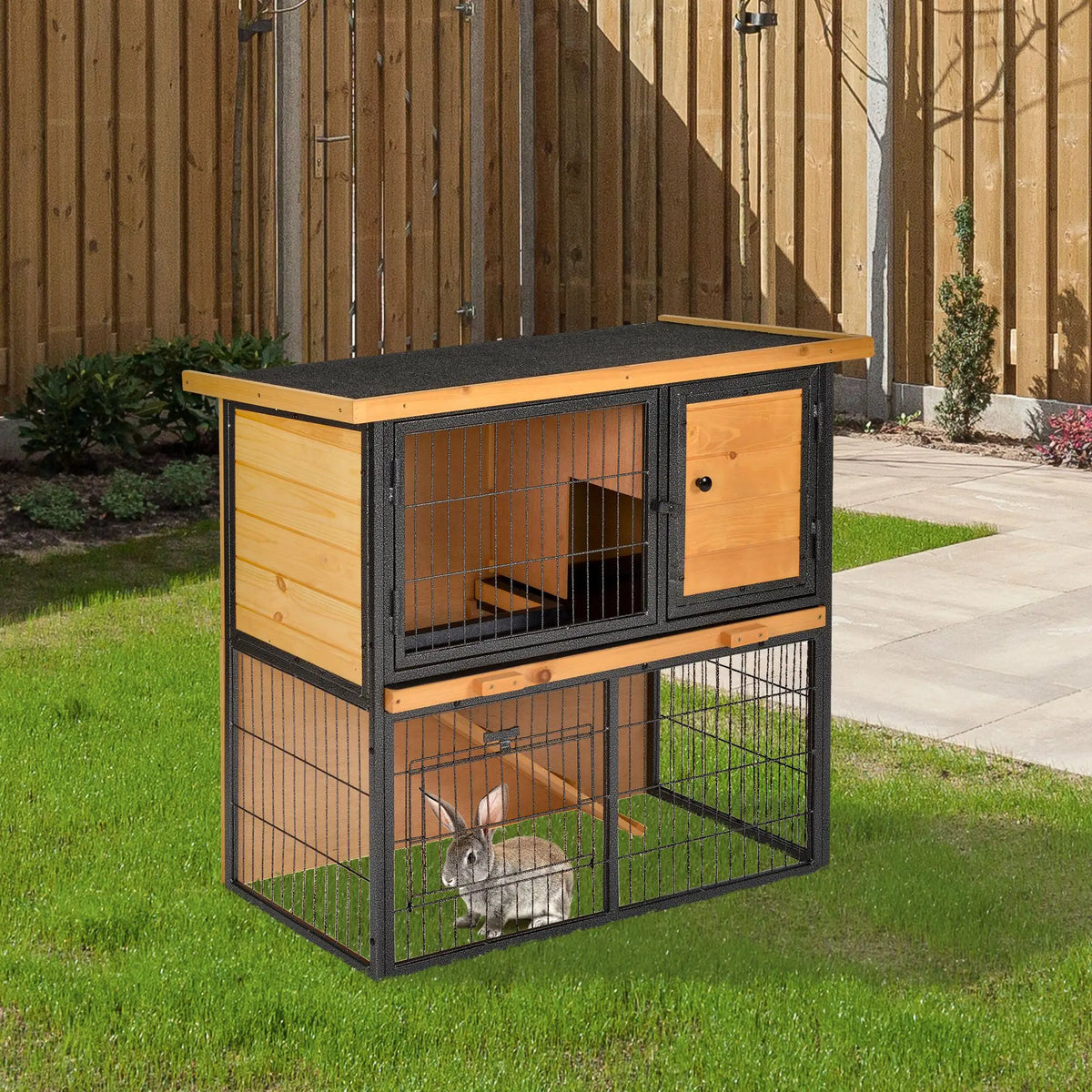 Elevated Rabbit Hutch 89.5x45x81cm Wood and Metal Pet House with Ramp Openable Roof and Run