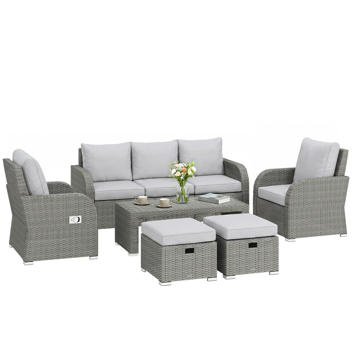 6 Piece Rattan Garden Sofa Set 3 Seater 2 Reclining Armchairs 2 Footstools Table Powder Coated Steel