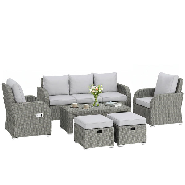 6 Piece Rattan Garden Sofa Set 3 Seater 2 Reclining Armchairs 2 Footstools Table Powder Coated Steel