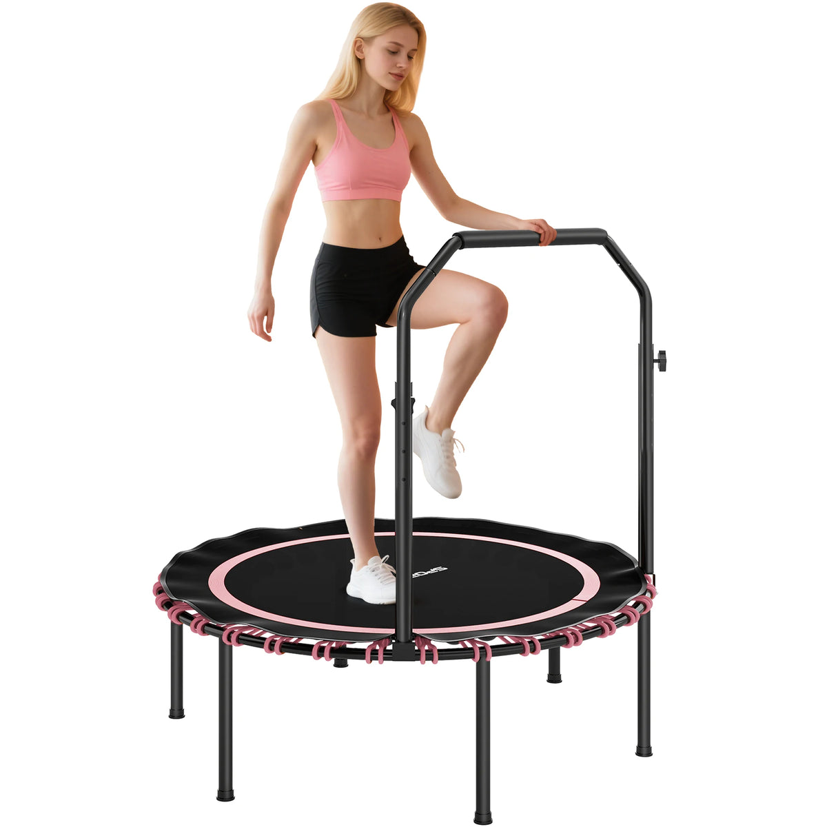 40'' Foldable Fitness Trampoline, Mini Trampoline Bungee Rebounder with 5-Level Adjustable Handle for Adults Indoor Outdoor