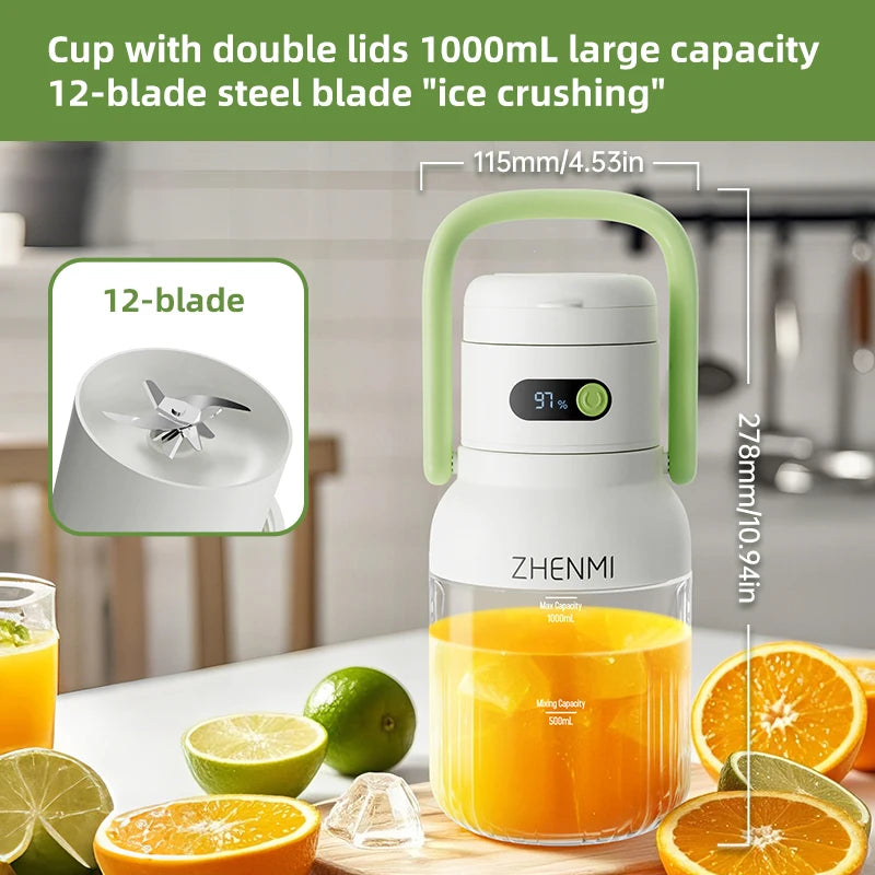 Portable Juicer, 33Oz. Vessel, USB-C Rechargeable, Easy to Clean, Suitable for Juicing Fruits and Vegetable,