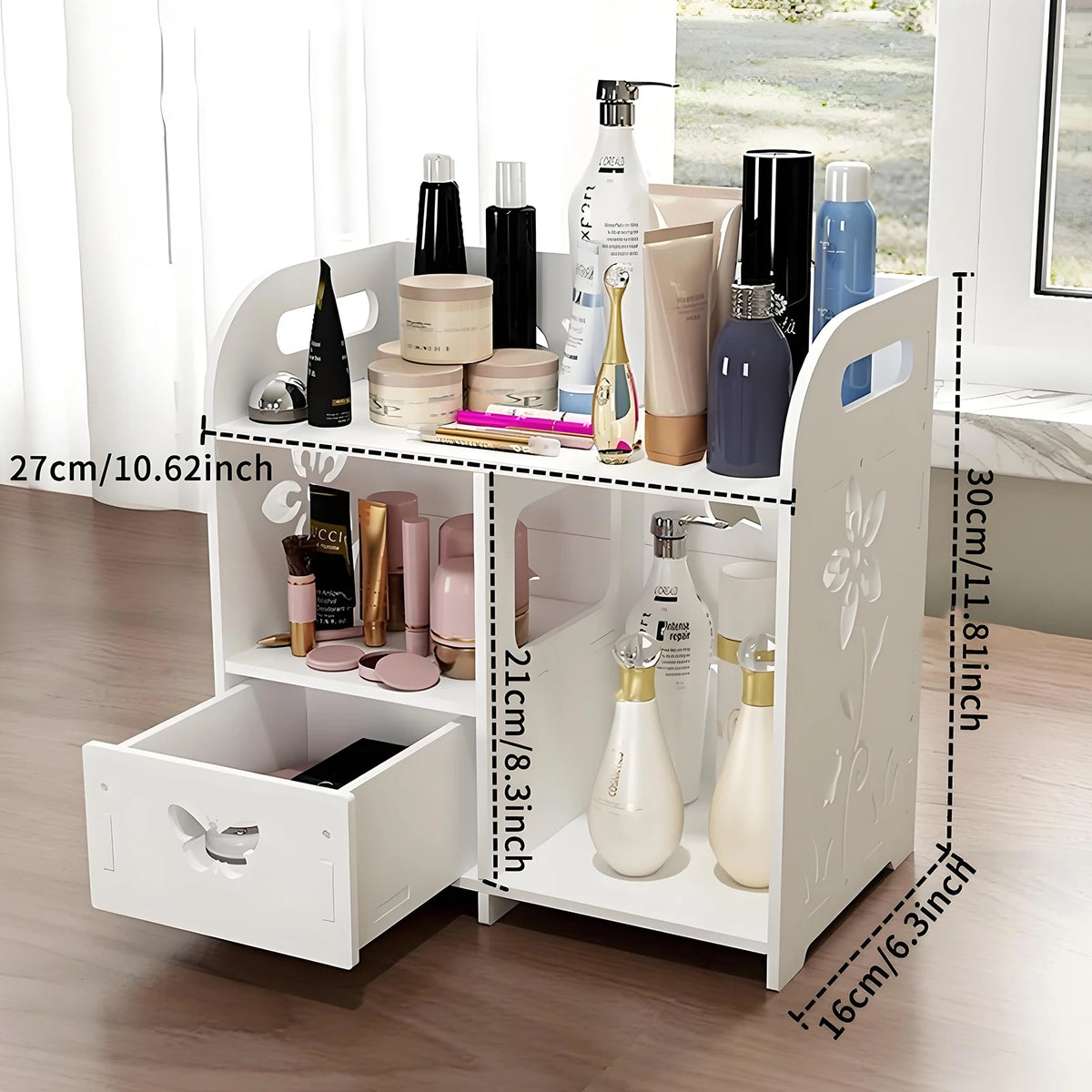 Makeup Organiser Rack 27x16x30cm White Desktop Cosmetic Storage Shelf with Drawer Multi Layer Zoned Design