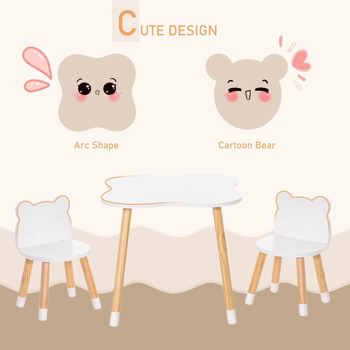 3 Piece Kids Table and Chair Set with 2 Bear Shaped Chairs MDF Solid Pine Legs Wipe Clean White