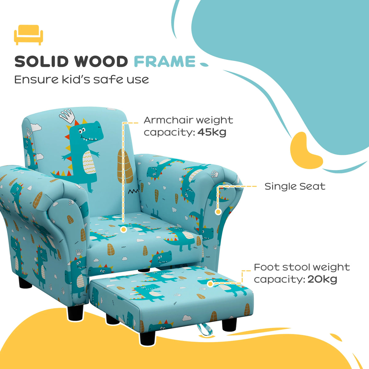 2 Piece Kids Sofa Set Armchair with Tuck Away Stool Dinosaur Print Wooden Frame for Ages 1.5-3 Years