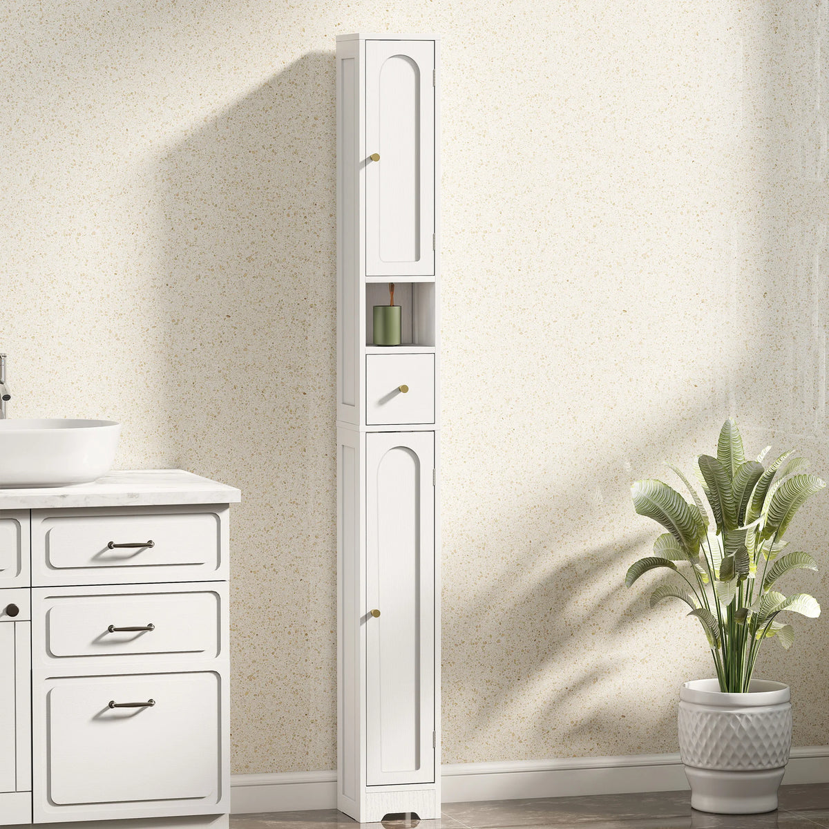 Slim Bathroom Cabinet 20cm Deep with 2 Cupboards Drawer Open Shelf Arched Doors Gold Knobs White