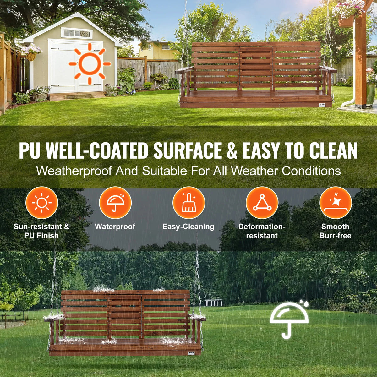5FT Wooden Porch Swing Bench 880lbs Cedar Wood Steel Chains for Garden Courtyard Patio Outdoor