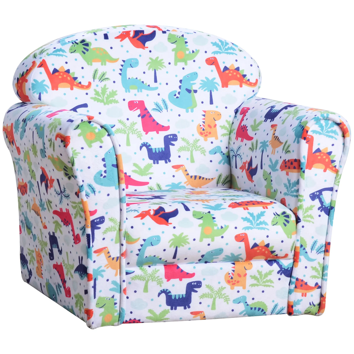 Kids Tub Chair with Dinosaur Print Flannel Feel Upholstery Wooden Frame Thick Foam and Non Slip Feet