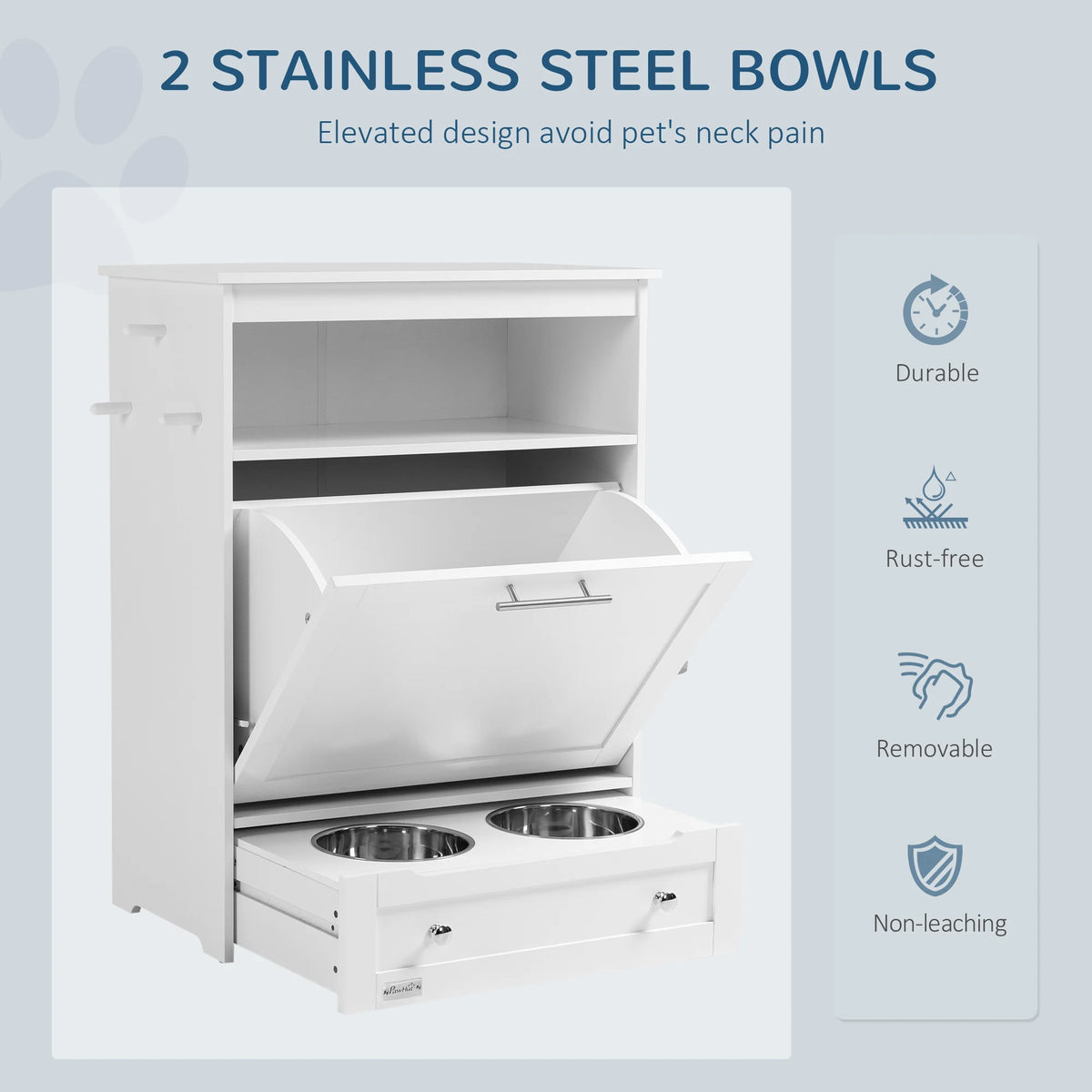 Pet Feeder Station with Storage Cabinet 61x82cm 2 Raised Bowls in Pull Out Drawer and 3 Side Hooks MDF