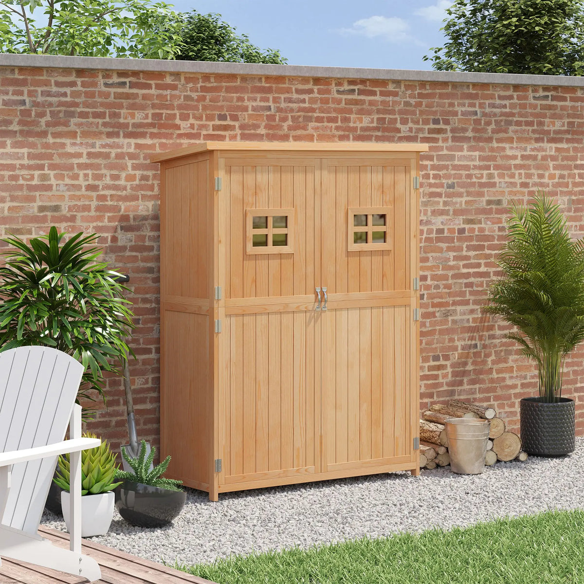 Wooden Garden Storage Shed with Double Doors and Three Shelves, 127.5 x 50 x 164cm