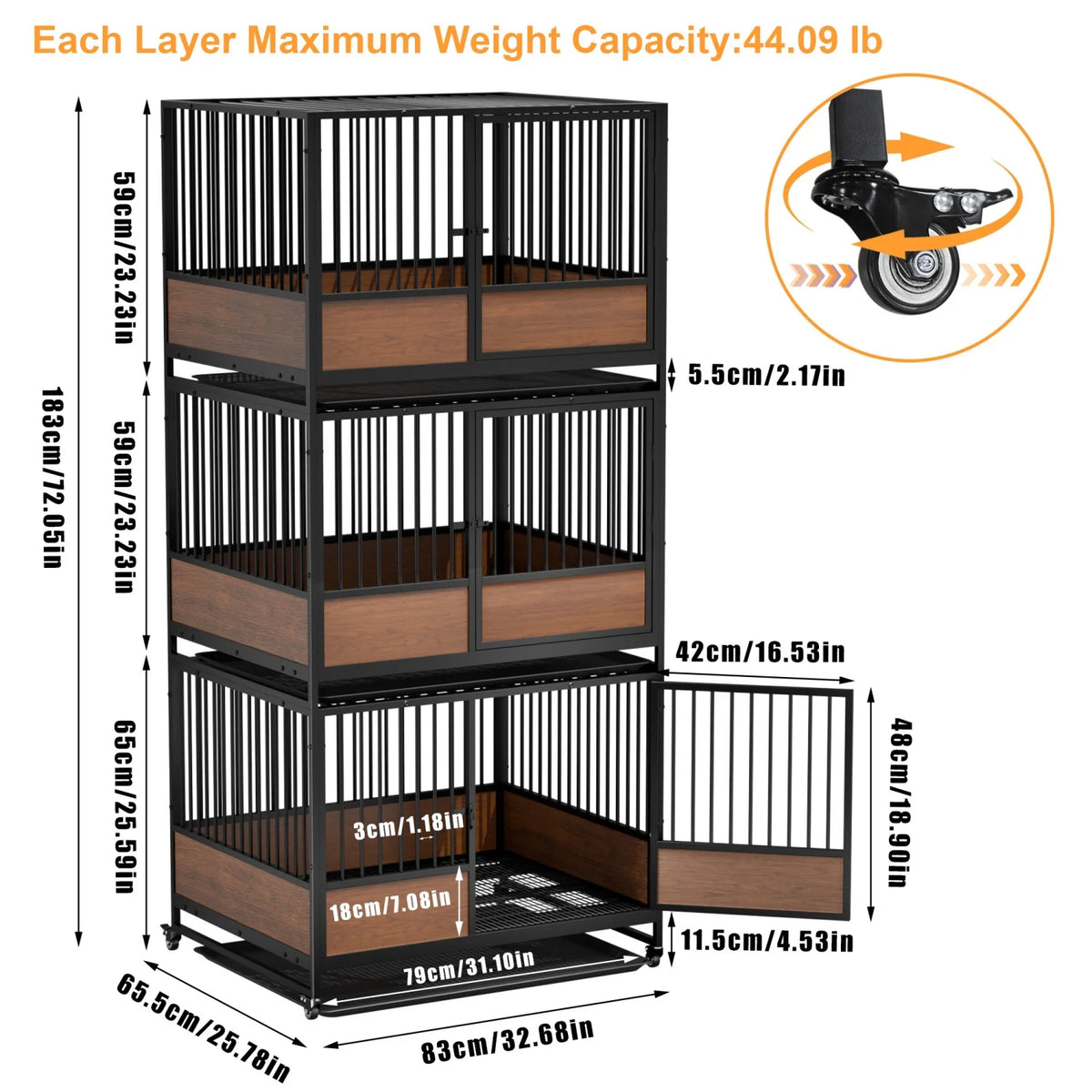 BINGOPAW Heavy Duty Dog Cat Crate Cage Kennel Stackable 2 in 1 Removable Tray Rolling Wheels