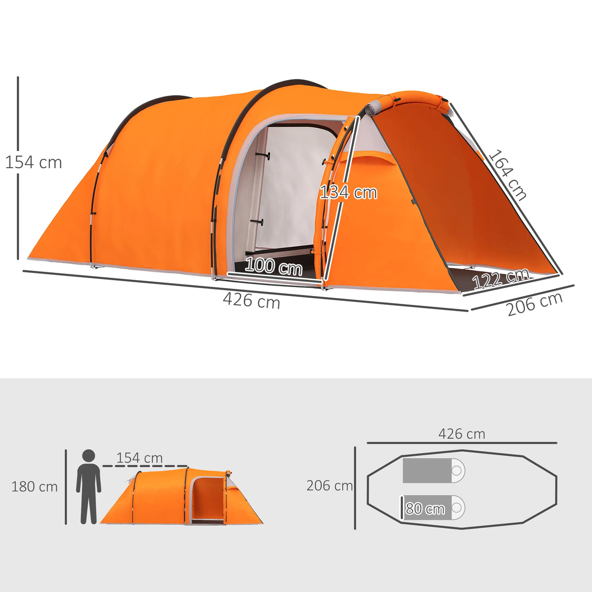 2-3 Person Tunnel Tent with Sewn In Groundsheet Front Porch 2000mm Waterproof Fibreglass Poles Orange