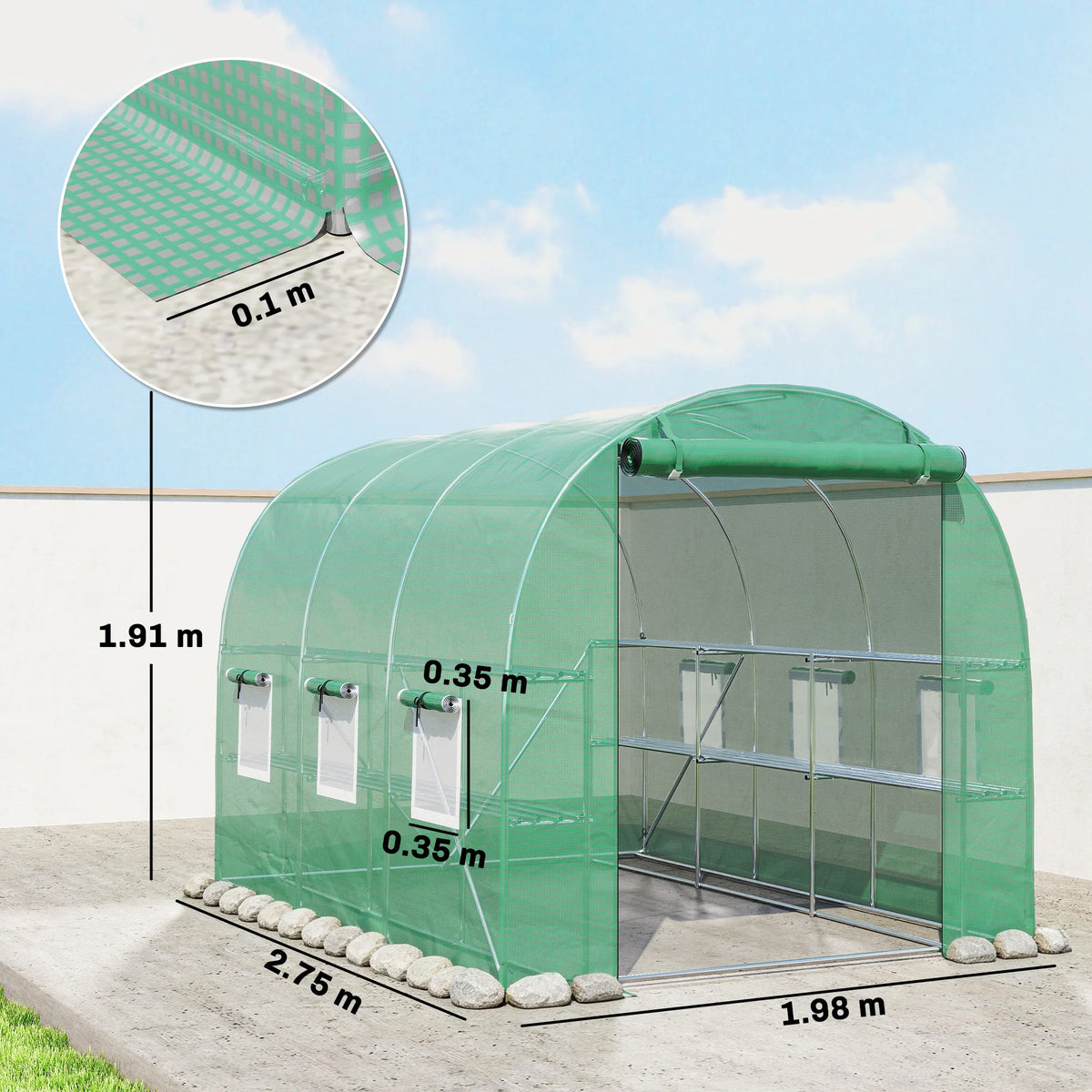 Walk-In Polytunnel Greenhouse with Shelves, Roll-Up Door and Mesh Windows, Green