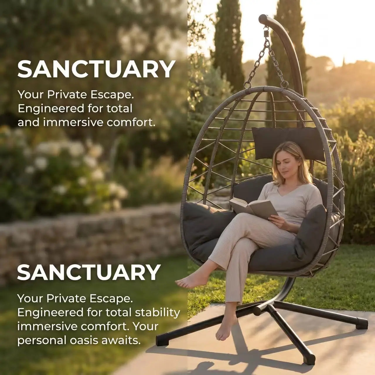 Outdoor Hanging Egg Chair with Stand, Waterproof Cushion & Rain Cover