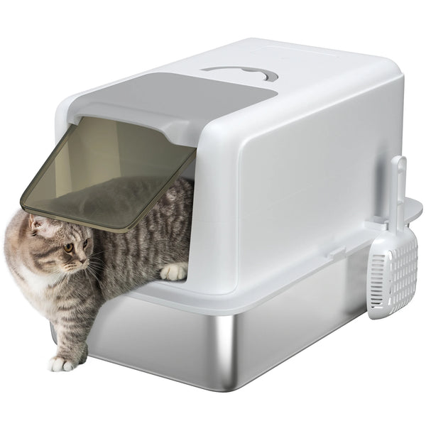Cat Litter Box with Sand Filter, Removable Lid & Scoop, White