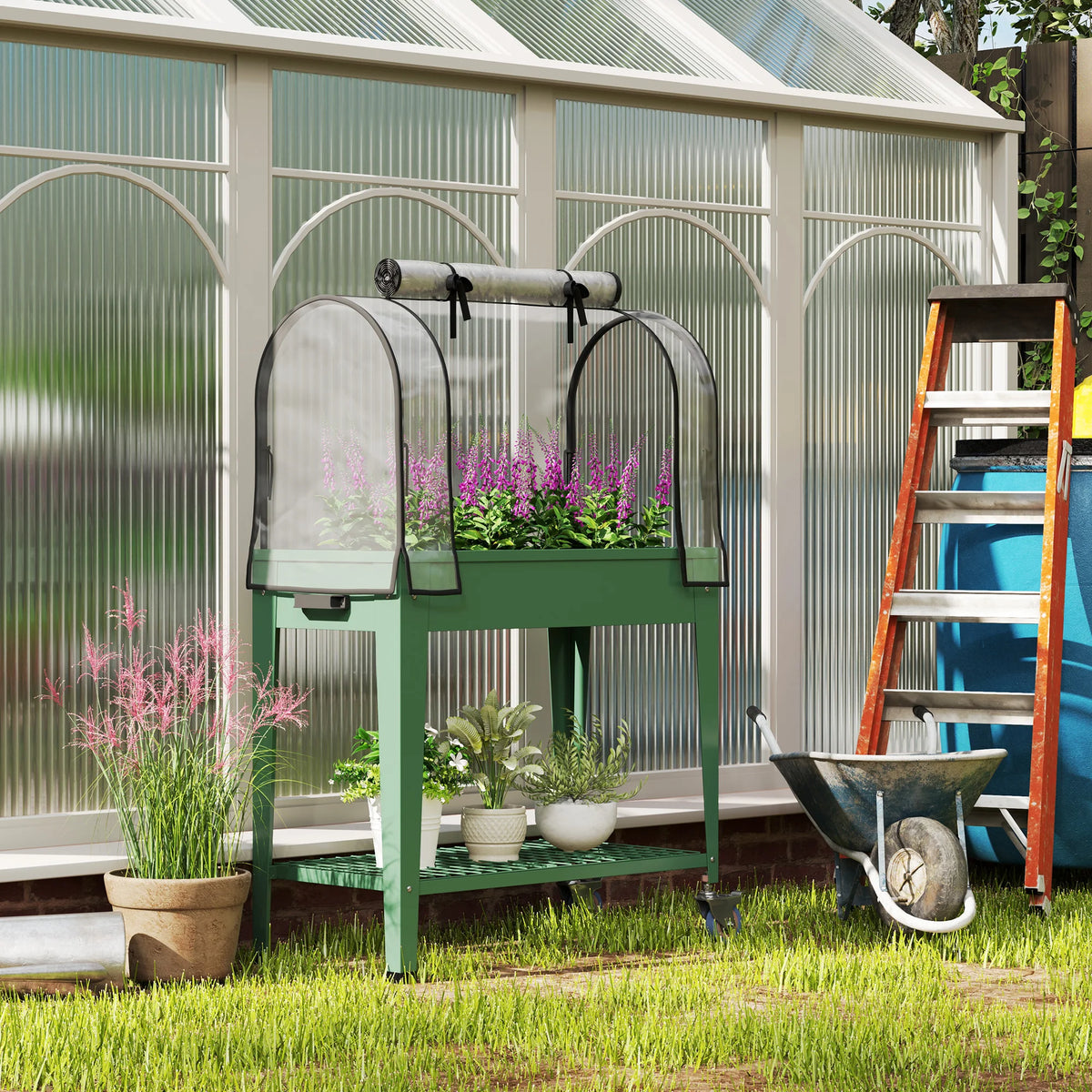 Raised Garden Bed with Greenhouse Cover and Wheels, Elevated Planter, 80 x 40 x 120 cm