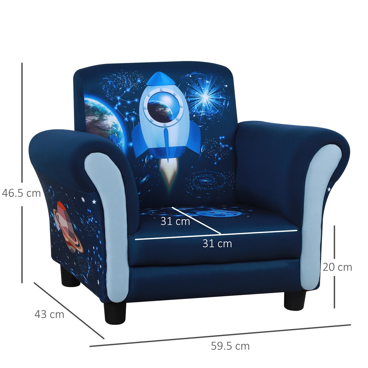 Kids Armchair with Space Rocket Design Wood Frame High Back Plush Foam 45kg for Ages 3-5 Blue
