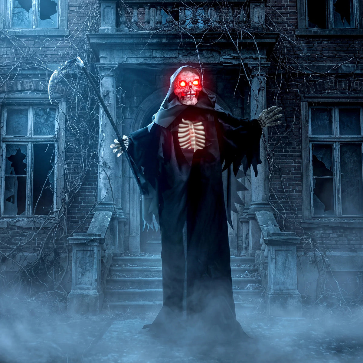 Red LEDs glowing through the skull eyes and ribcage of a grim reaper prop