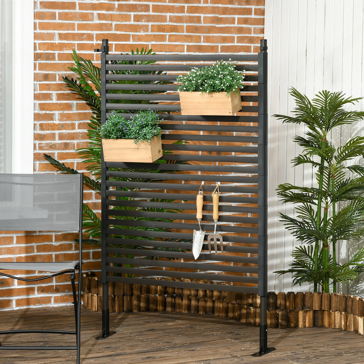 Decorative Metal Garden Fence Panel with Feet and Ground Spikes, Brown