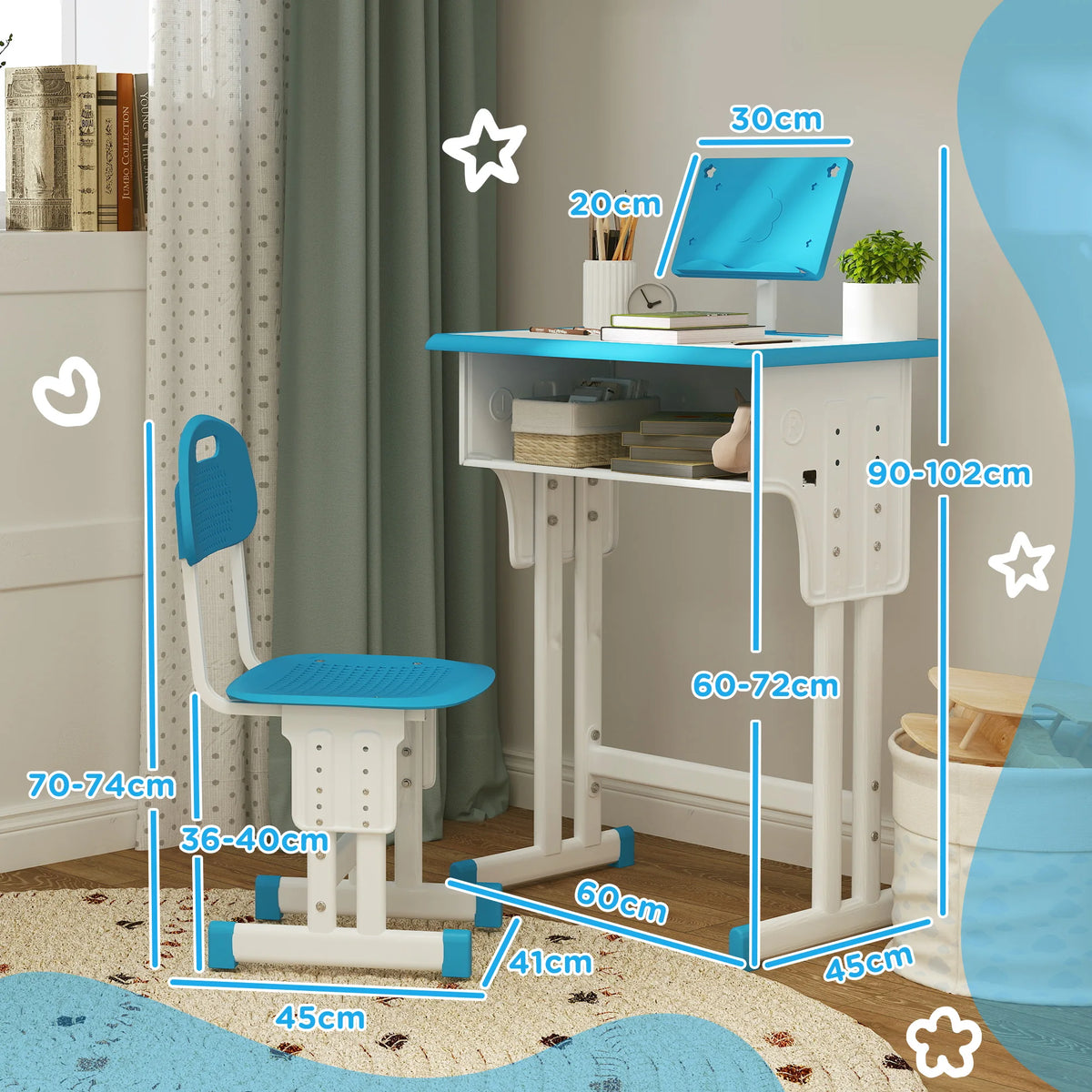 Kids Height Adjustable Desk and Chair Set with Drawer and Book Stand, Blue