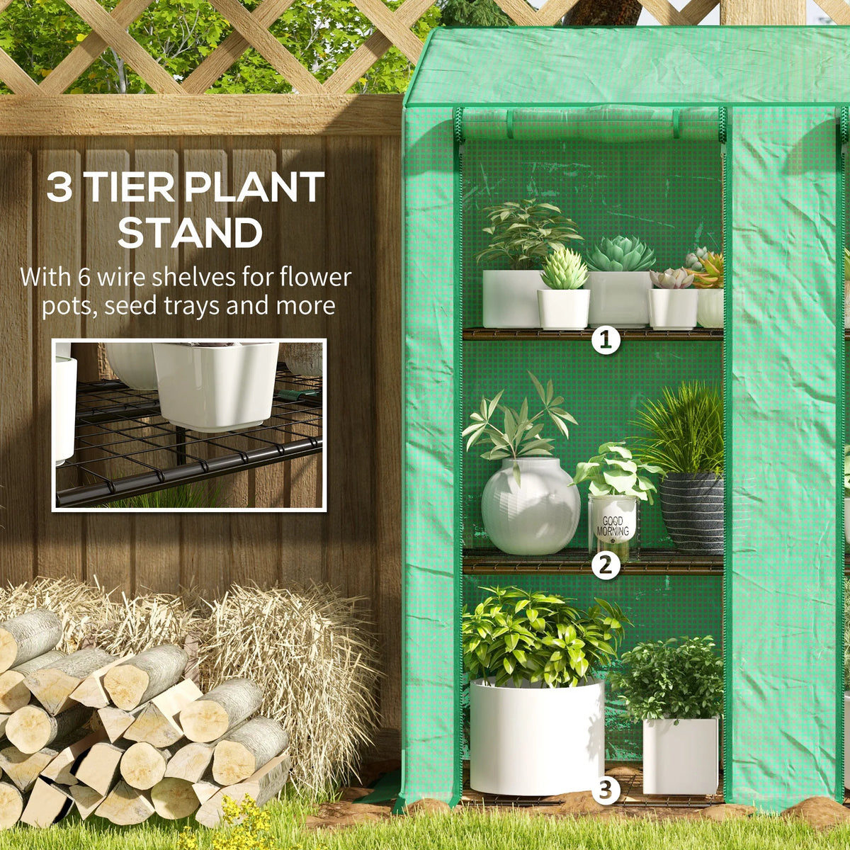 3 Tier Lean-to Mini Greenhouse with Reinforced Plastic Cover, Portable Indoor Outdoor Green House with 2 Roll-up Doors