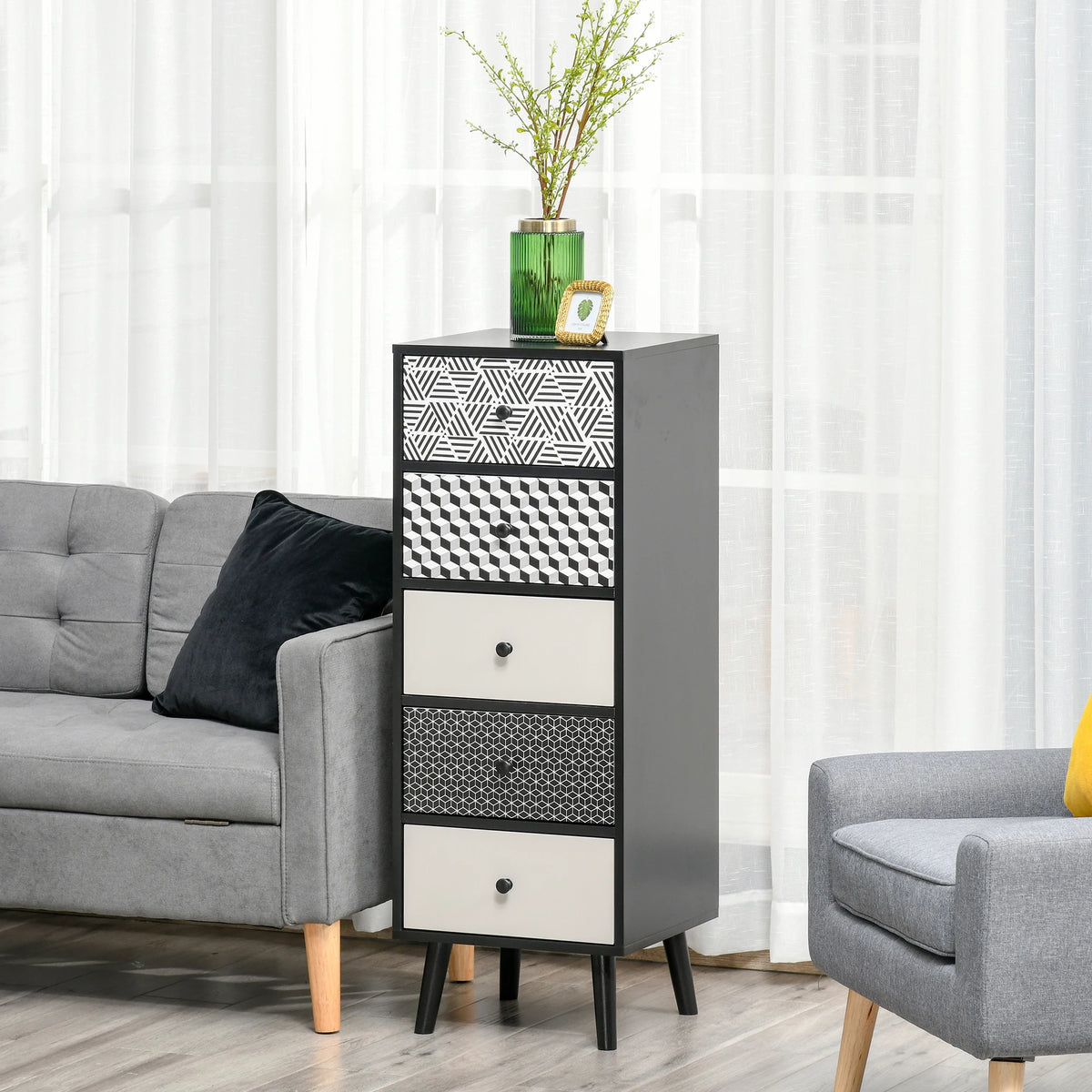 5 Drawer Chest of Drawers, Black Bedroom Storage Unit