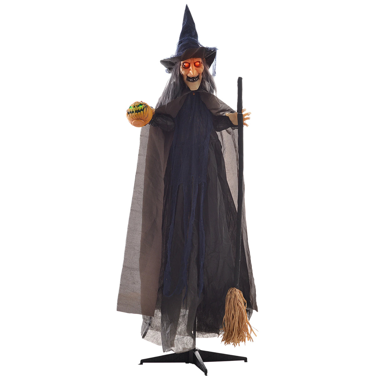 Halloween Witch with Broomstick Animatronic Prop, Light-Up Eyes