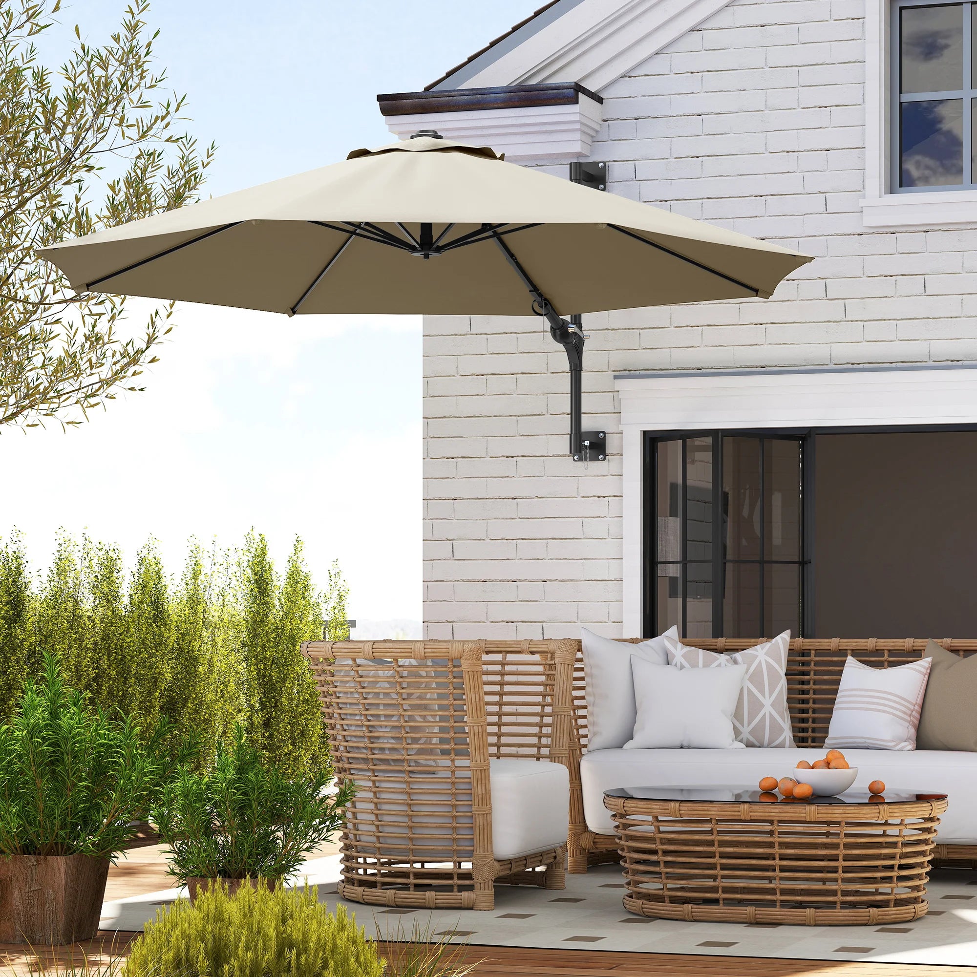 3m Wall Mounted Garden Parasol 180° Rotating Canopy 8 Ribs Crank Handle Outdoor Sun Shade Umbrella Khaki