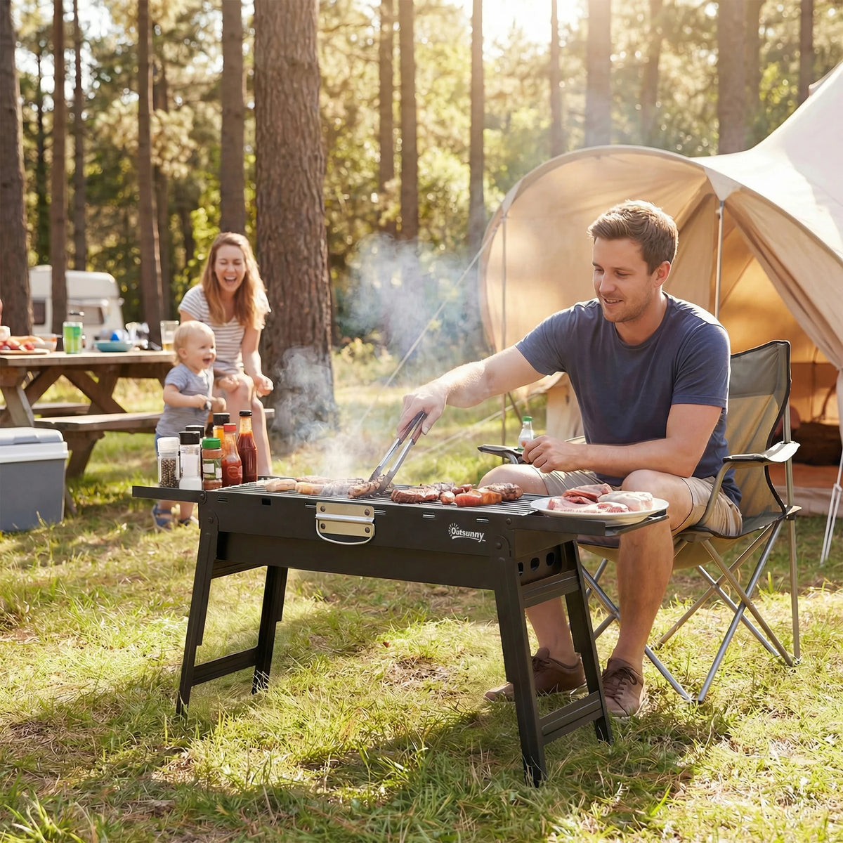 Foldable Charcoal BBQ Grill with 2 Side Shelves, Black