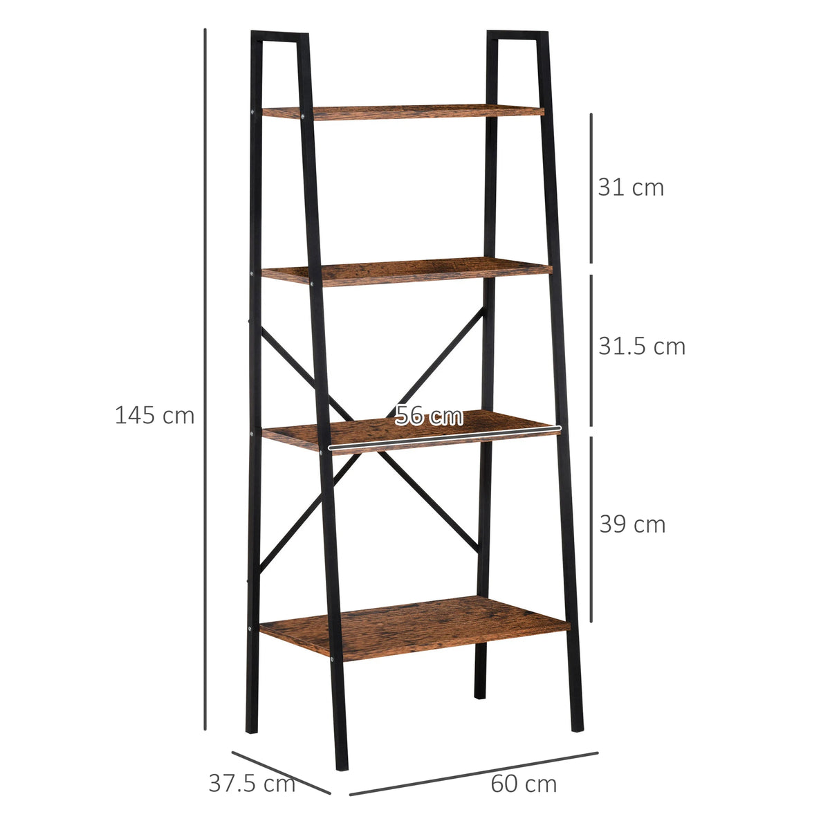 4-Tier Ladder Bookshelf with Steel Frame, Black and Wood Effect