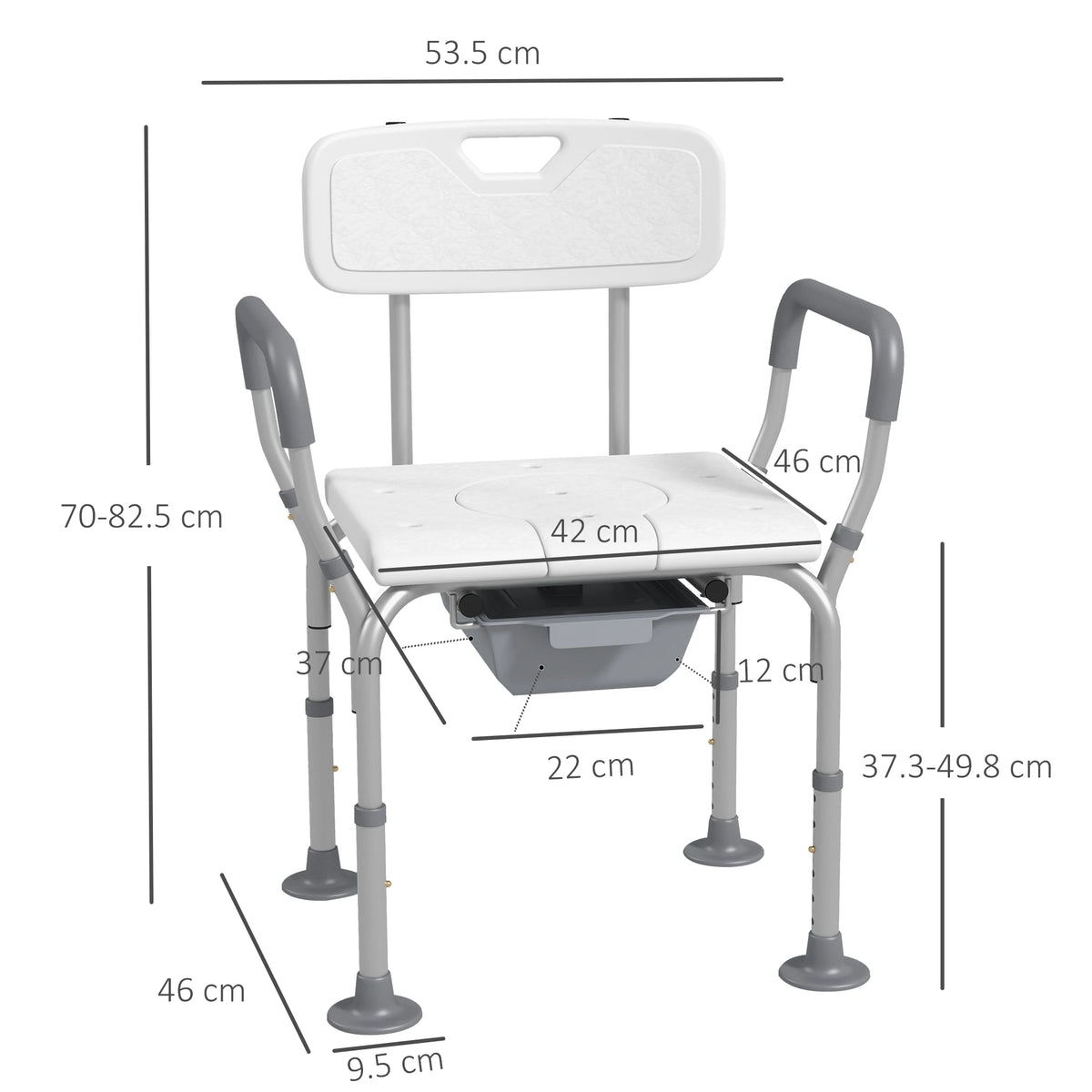 3-in-1 Height-Adjustable Shower Chair and Commode with Back and Arms, White